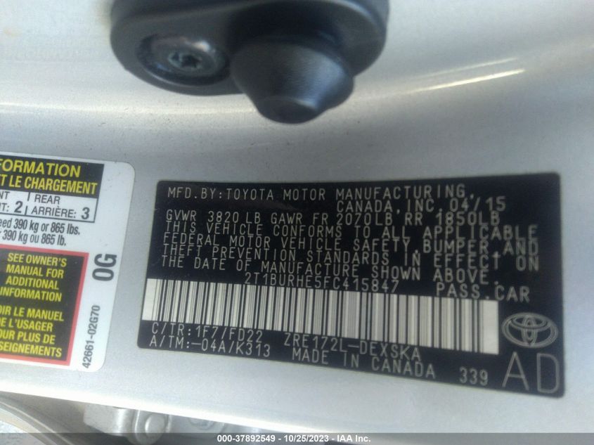2015 TOYOTA COROLLA L/LE/S/S PLUS/LE PLUS - 2T1BURHE5FC415847