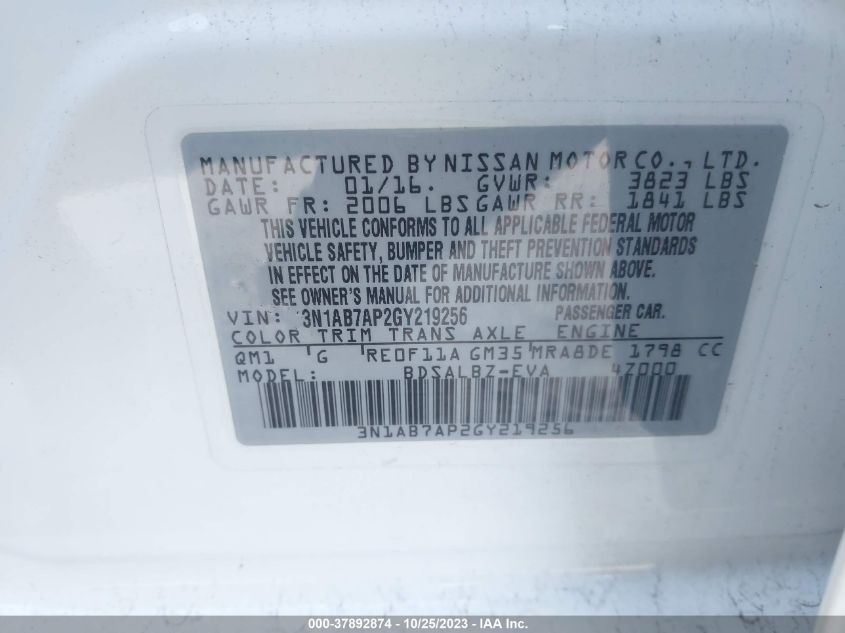 2016 NISSAN SENTRA S/SV/SR/SL - 3N1AB7AP2GY219256