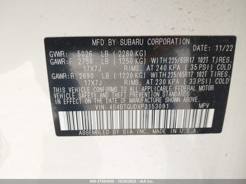 VIN 4S4BTGUDXP3153091 2023 SUBARU OUTBACK WILDERNESS