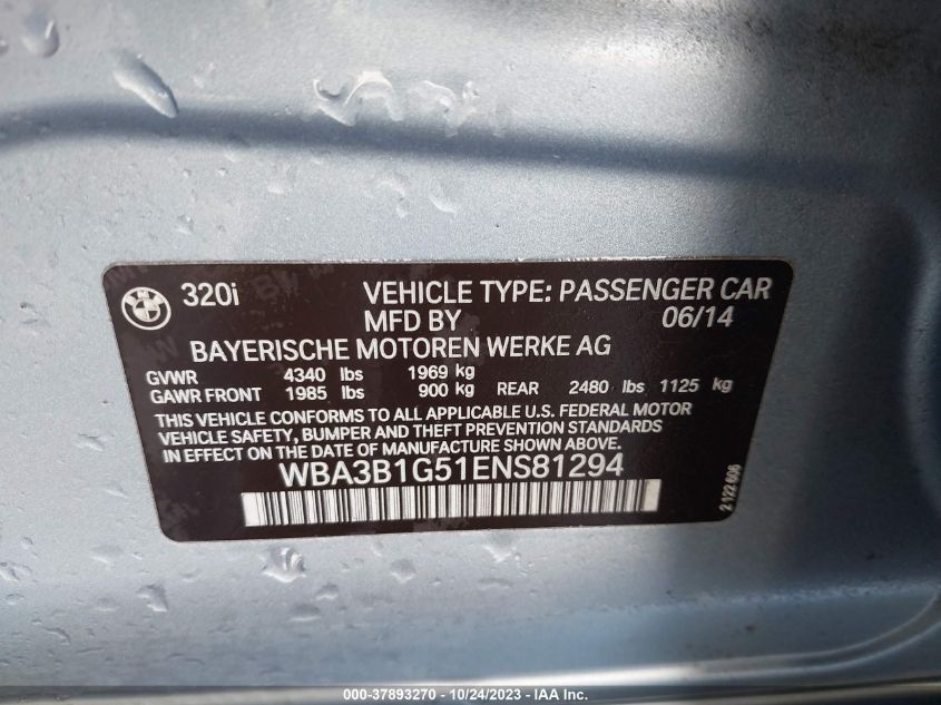 2014 BMW 3 SERIES 320I - WBA3B1G51ENS81294