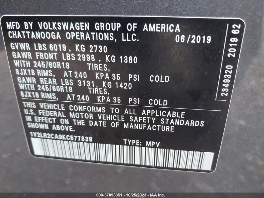 VIN 1V2LR2CA9KC577838 2019 VOLKSWAGEN ATLAS SE