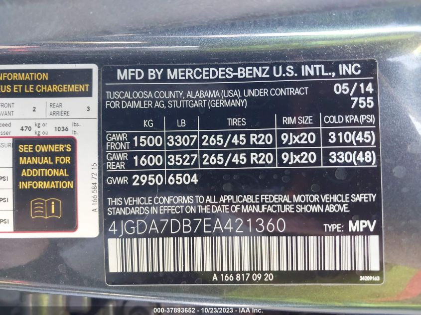 2014 MERCEDES-BENZ M-CLASS ML 550 4JGDA7DB7EA421360