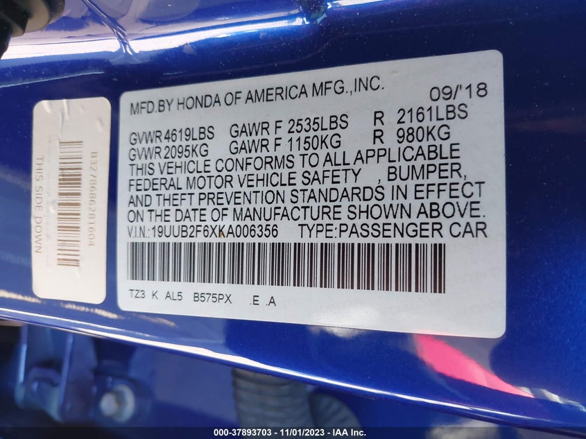 VIN 19UUB2F6XKA006356 2019 ACURA TLX W/A-SPEC PKG