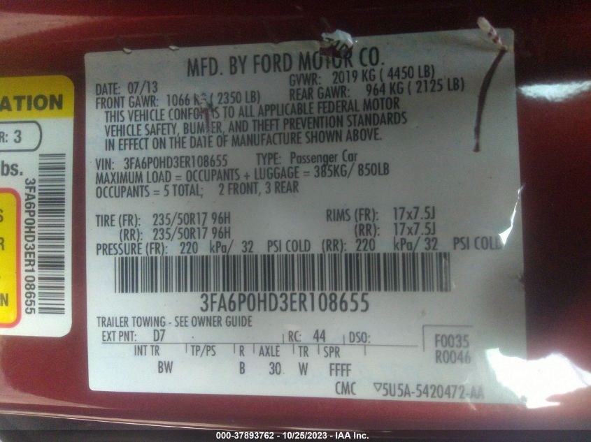 2014 FORD FUSION SE - 3FA6P0HD3ER108655