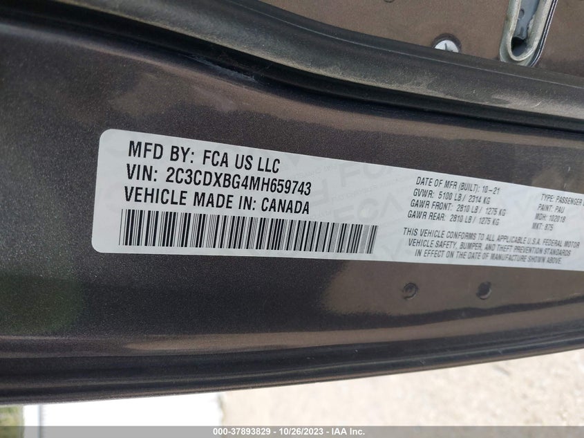 VIN 2C3CDXBG4MH659743 2021 DODGE CHARGER SXT