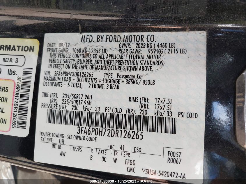 2013 FORD FUSION SE - 3FA6P0H72DR126265