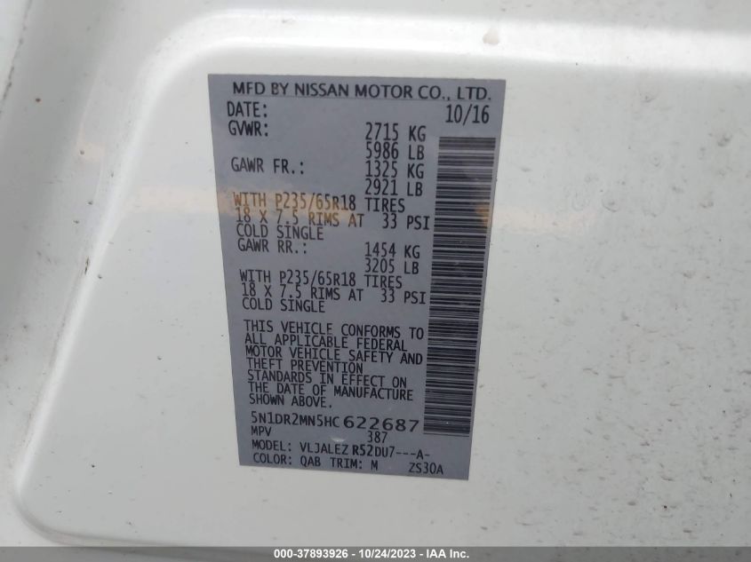 2017 NISSAN PATHFINDER S/SV/SL/PLATINUM - 5N1DR2MN5HC622687