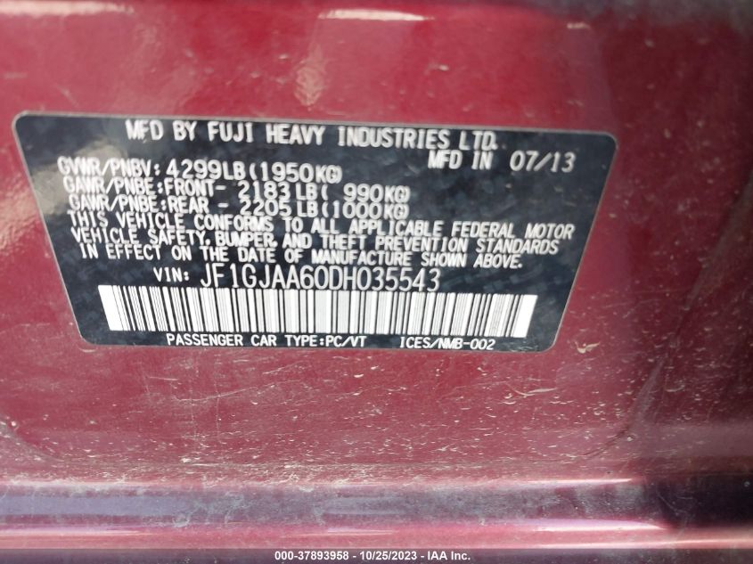 2013 SUBARU IMPREZA SEDAN JF1GJAA60DH035543