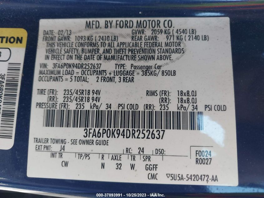 2013 FORD FUSION TITANIUM - 3FA6P0K94DR252637