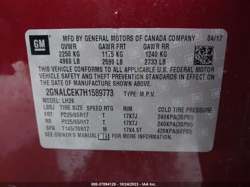 2017 CHEVROLET EQUINOX LT - 2GNALCEK7H1589773