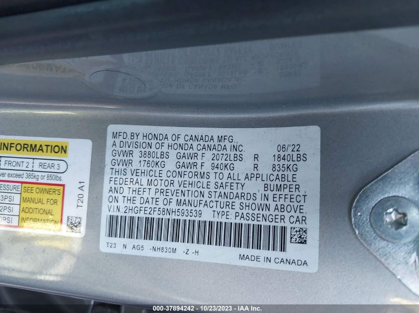 2HGFE2F58NH593539 Honda Civic Sedan SPORT 9