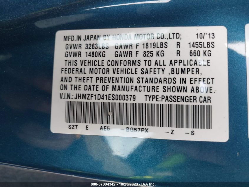 2014 HONDA CR-Z JHMZF1D41ES000379