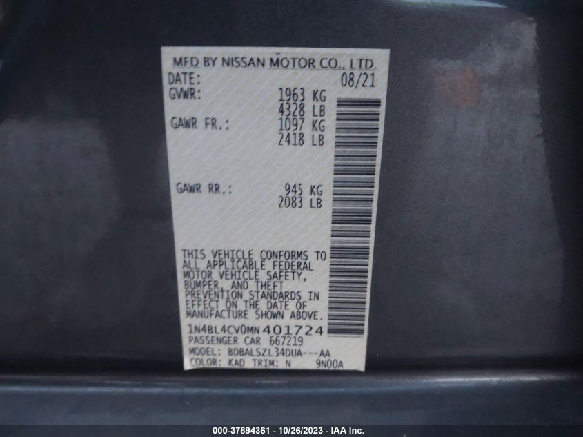 2021 NISSAN ALTIMA 2.5 SR - 1N4BL4CV0MN401724