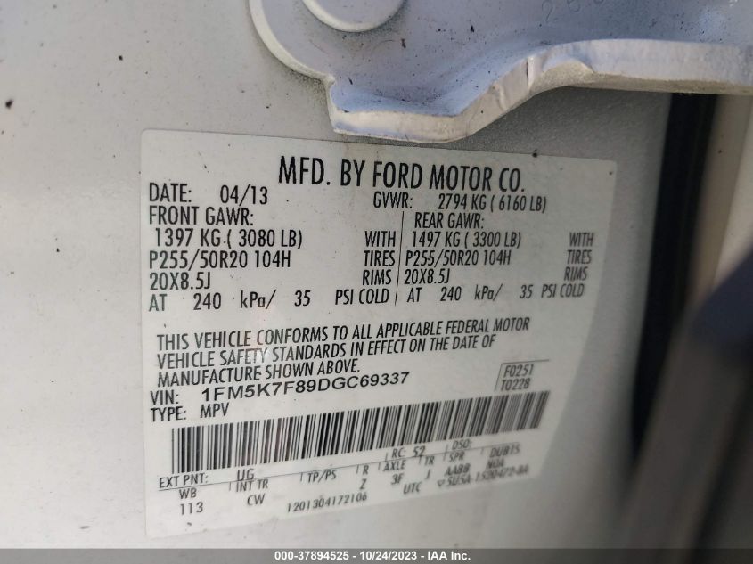 2013 FORD EXPLORER LIMITED - 1FM5K7F89DGC69337