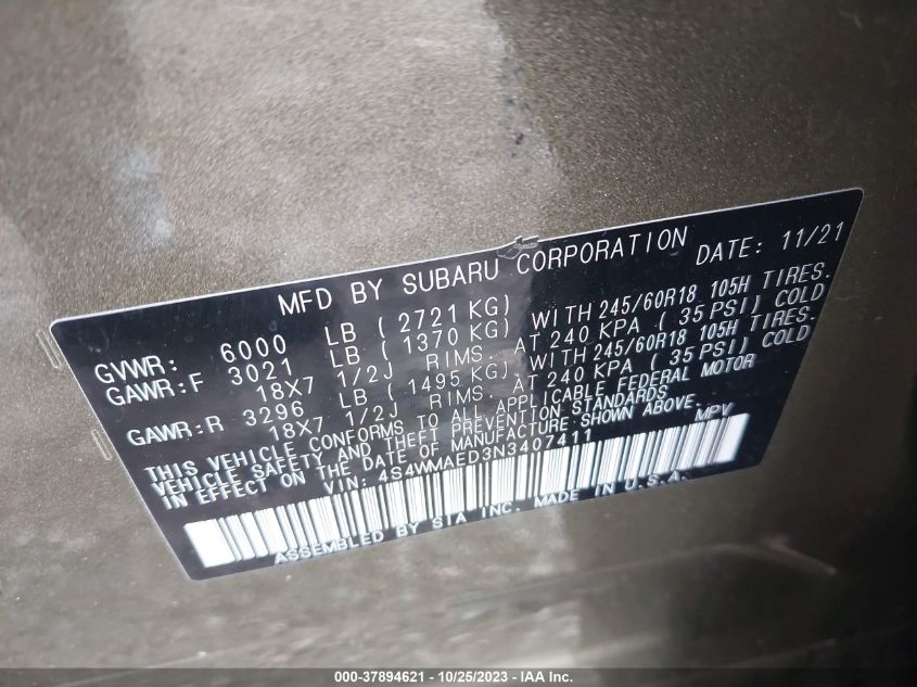2022 SUBARU ASCENT PREMIUM - 4S4WMAED3N3407411