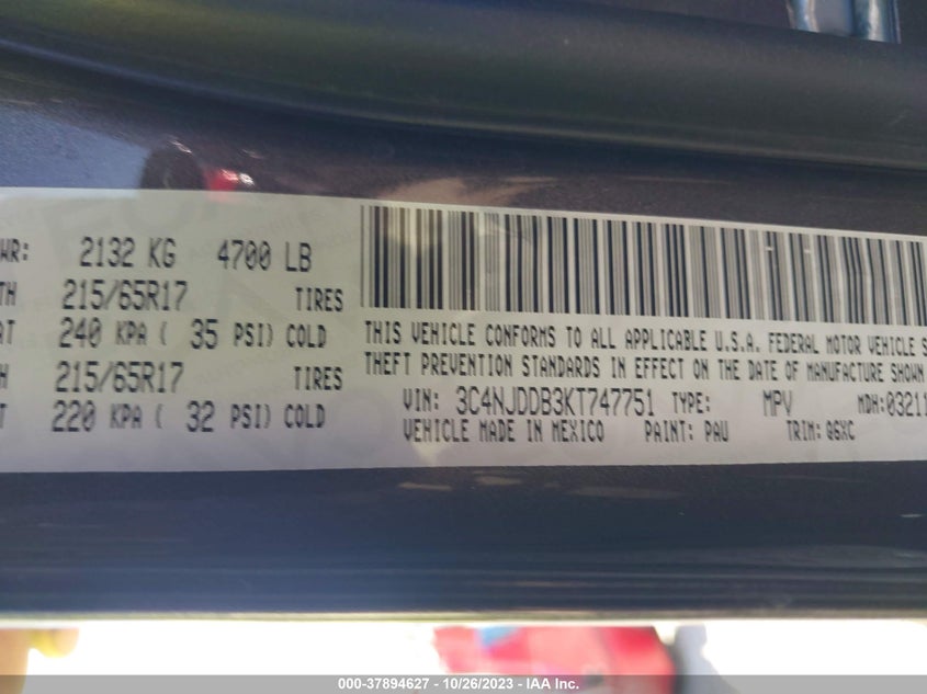 VIN 3C4NJDDB3KT747751 2019 JEEP COMPASS TRAILHAWK