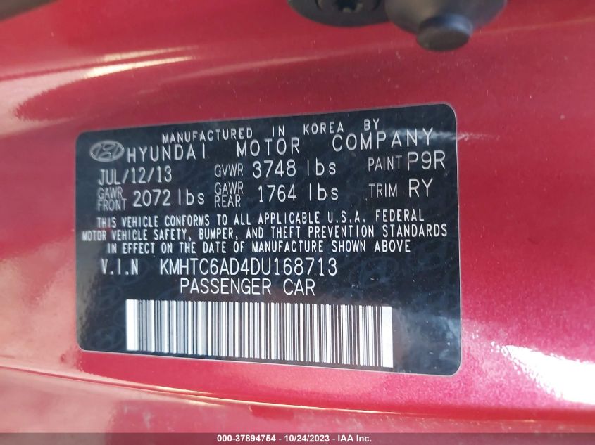 2013 HYUNDAI VELOSTER W/BLACK INT - KMHTC6AD4DU168713