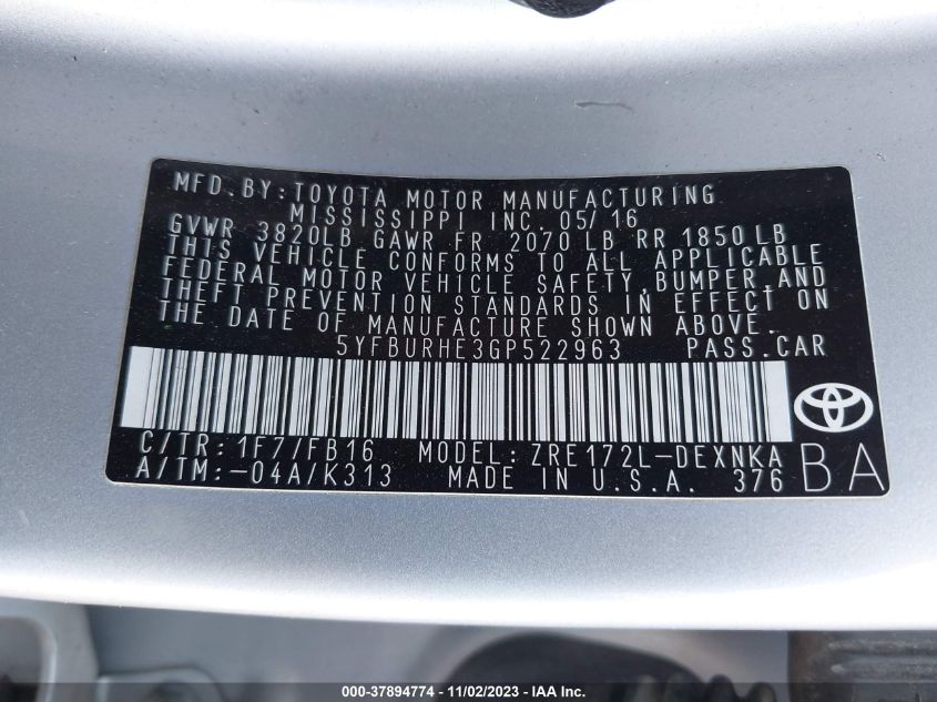 2016 TOYOTA COROLLA L/LE/S/S PLUS/LE PLUS - 5YFBURHE3GP522963