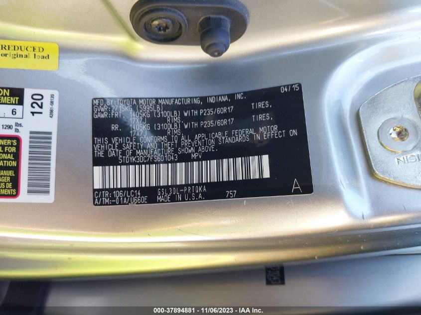 2015 TOYOTA SIENNA XLE/XLE AAS/LTD - 5TDYK3DC7FS601043