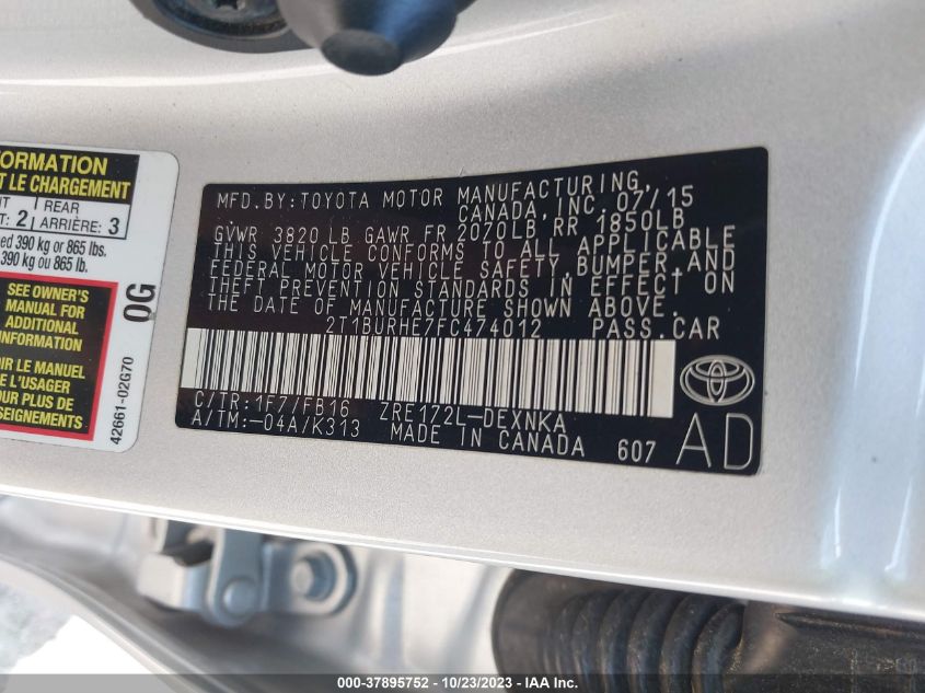2015 TOYOTA COROLLA L/LE/S/S PLUS/LE PLUS - 2T1BURHE7FC474012