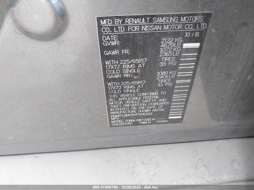 VIN KNMAT2MV8HP506269 2017 NISSAN ROGUE S/SV