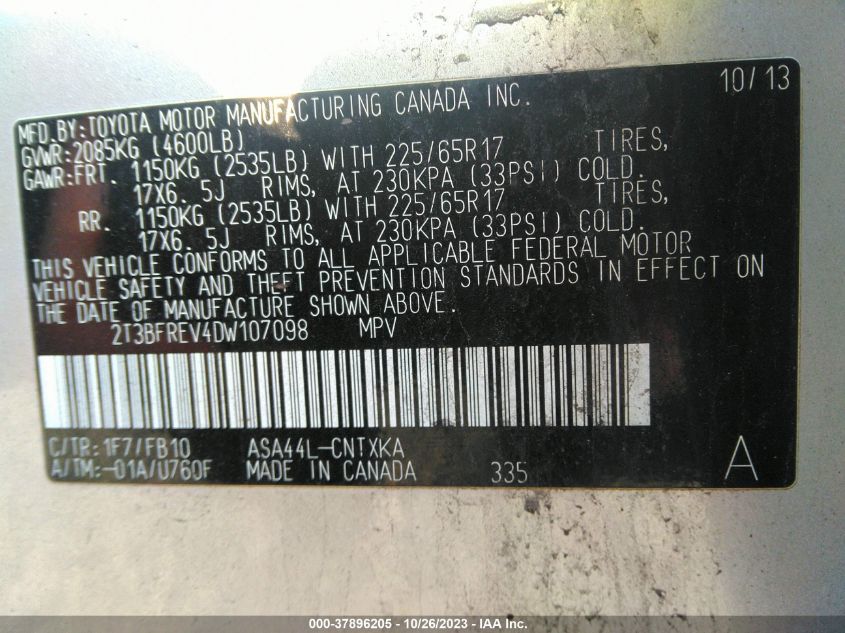 2013 TOYOTA RAV4 LE - 2T3BFREV4DW107098