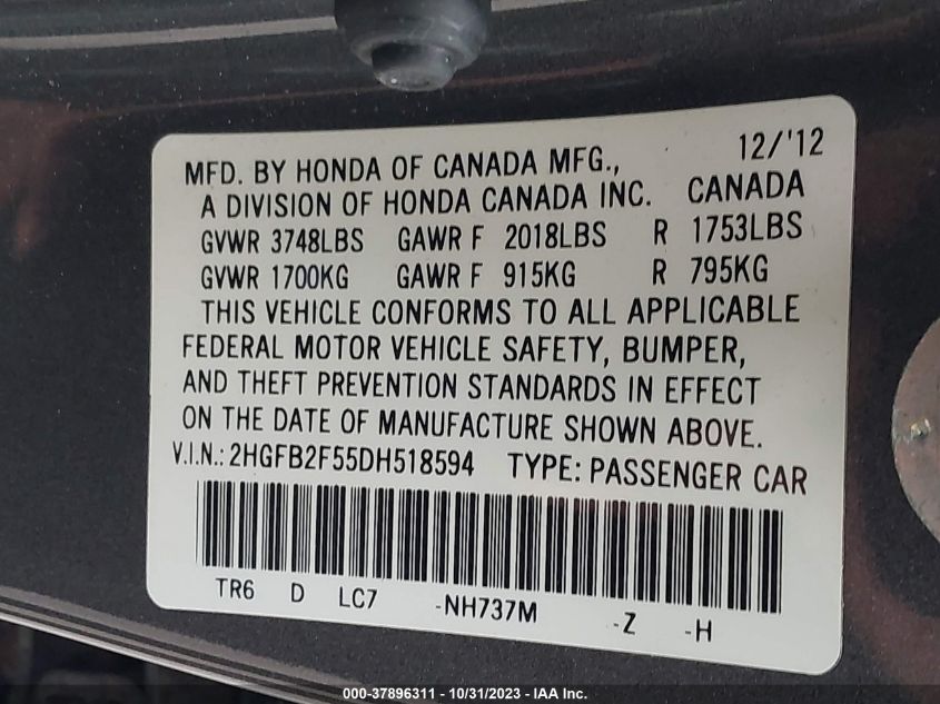 2013 HONDA CIVIC SDN LX - 2HGFB2F55DH518594