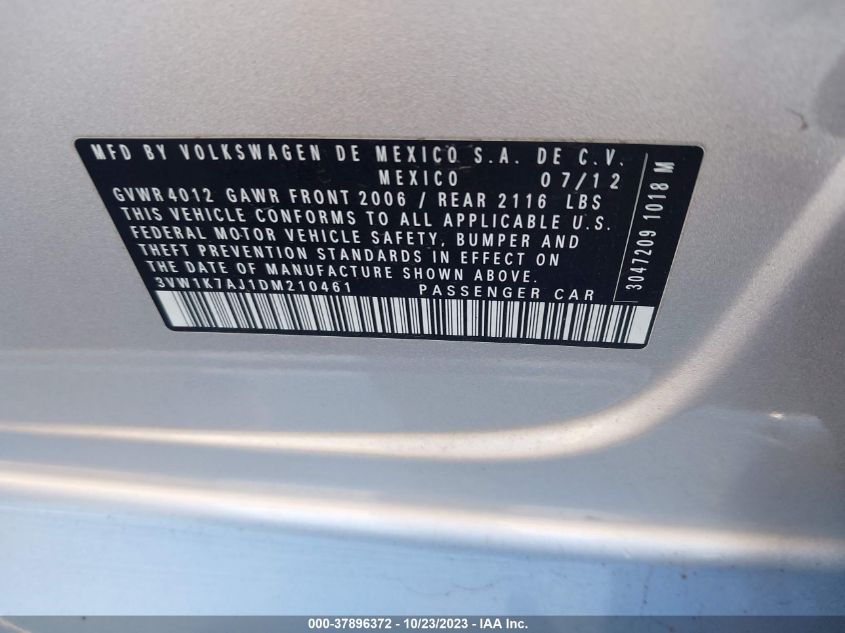 2013 VOLKSWAGEN JETTA SEDAN S 3VW1K7AJ1DM210461
