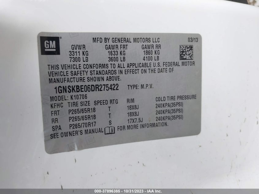 2013 CHEVROLET TAHOE LT - 1GNSKBE06DR275422