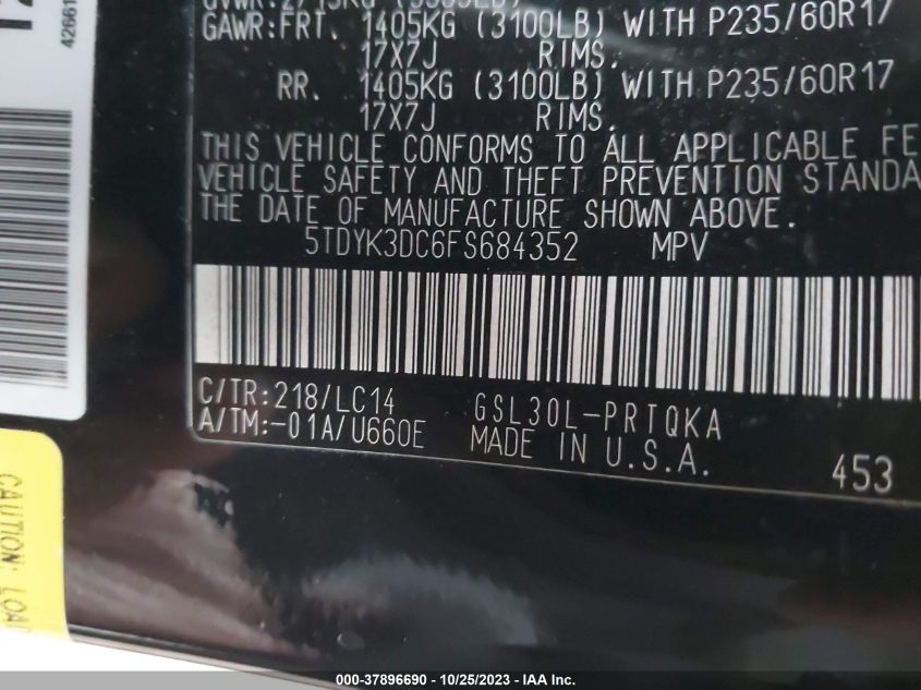 2015 TOYOTA SIENNA XLE/XLE AAS/LTD - 5TDYK3DC6FS684352