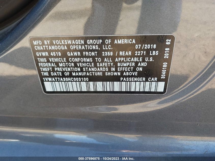 2017 VOLKSWAGEN PASSAT S - 1VWAT7A30HC003100