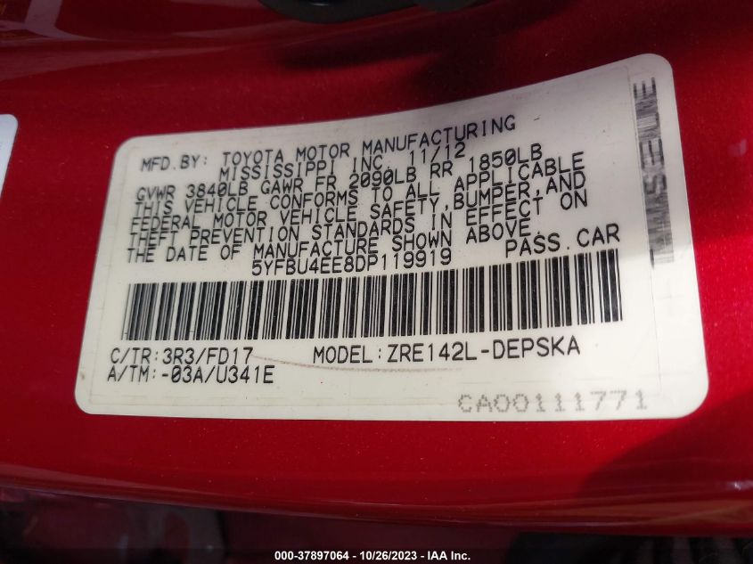 2013 TOYOTA COROLLA S - 5YFBU4EE8DP119919