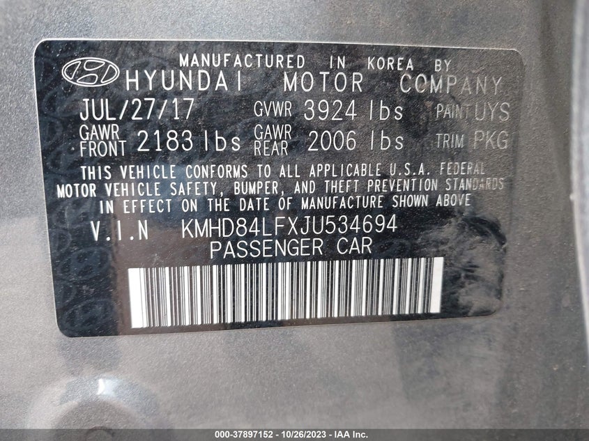 VIN KMHD84LFXJU534694 2018 HYUNDAI ELANTRA SEL/VALUE/LIMITED