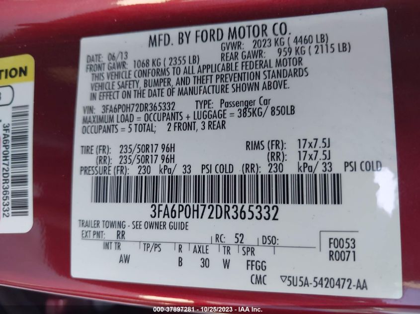 2013 FORD FUSION SE - 3FA6P0H72DR365332