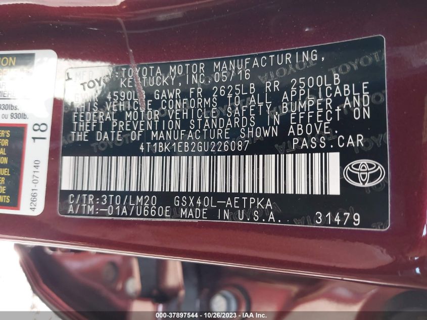 2016 TOYOTA AVALON LIMITED/TOURING/XLE - 4T1BK1EB2GU226087