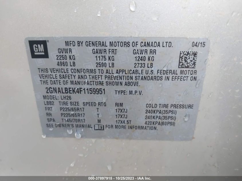 2015 CHEVROLET EQUINOX LT - 2GNALBEK4F1159951