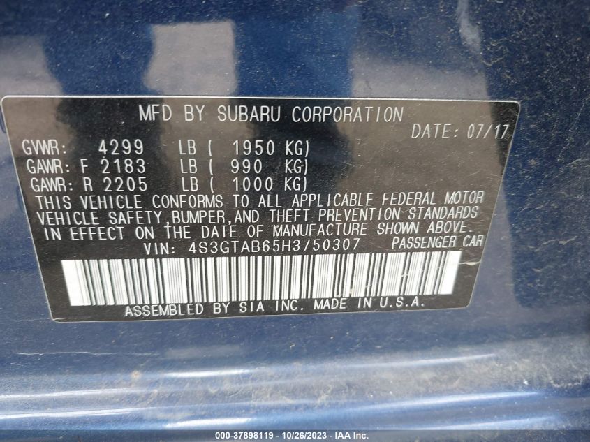 VIN 4S3GTAB65H3750307 2017 SUBARU IMPREZA PREMIUM