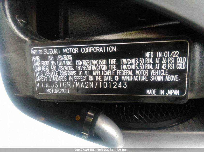 VIN JS1GR7MA2N7101243 2022 SUZUKI GSX-R750