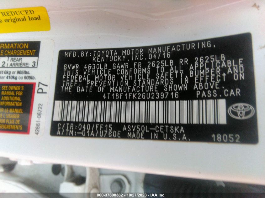 2016 TOYOTA CAMRY LE/XLE/SE/XSE - 4T1BF1FK2GU239716