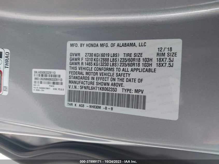 VIN 5FNRL6H71KB062353 2019 HONDA ODYSSEY EXL