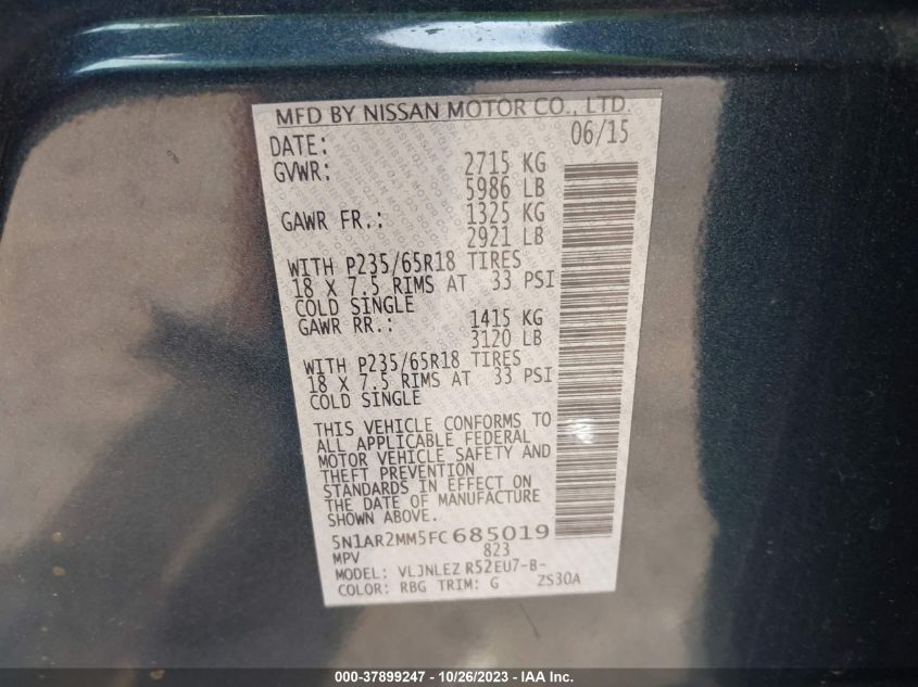 2015 NISSAN PATHFINDER PLATINUM/SV/SL/S - 5N1AR2MM5FC685019