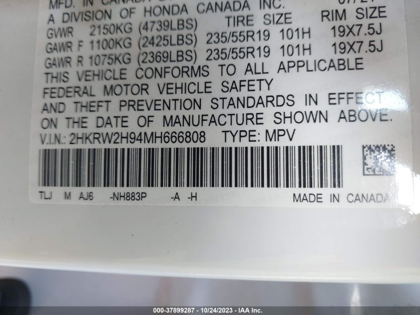 2021 HONDA CR-V TOURING - 2HKRW2H94MH666808