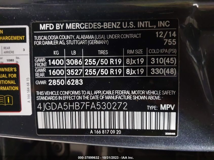 2015 MERCEDES-BENZ ML 350 4JGDA5HB7FA530272