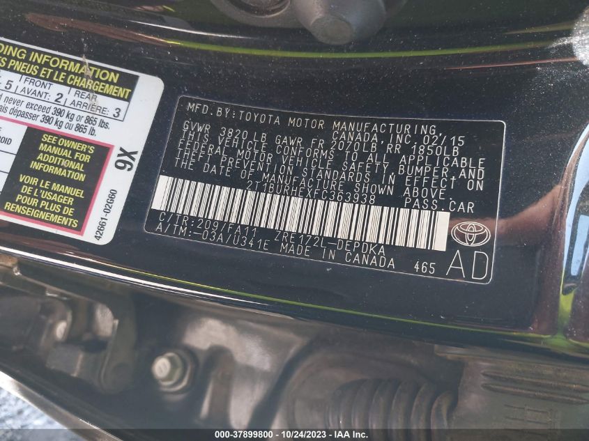 2015 TOYOTA COROLLA L/LE/LE PLS/PRM/S/S PLS - 2T1BURHEXFC363938