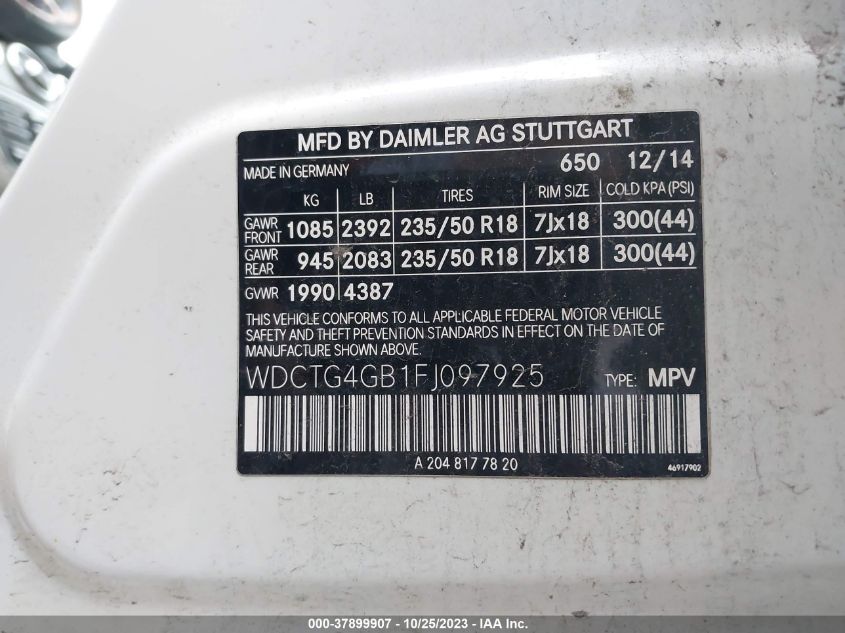 2015 MERCEDES-BENZ GLA 250 WDCTG4GB1FJ097925