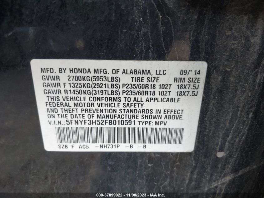 2015 HONDA PILOT EXL - 5FNYF3H52FB010591