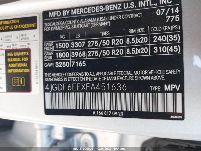 2015 MERCEDES-BENZ GL 450 4JGDF6EEXFA451636