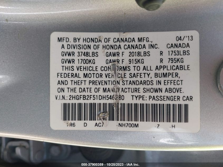 2013 HONDA CIVIC SDN LX 2HGFB2F51DH546280