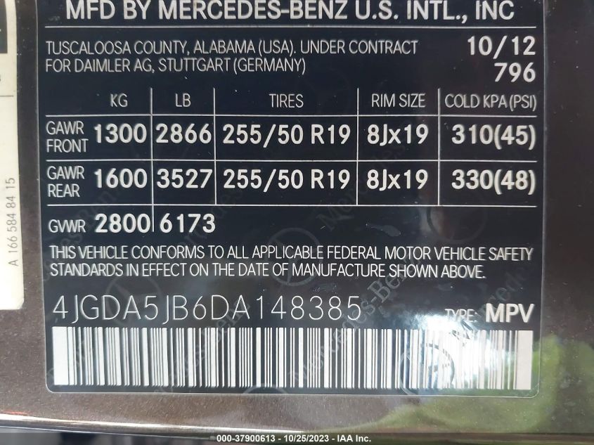 2013 MERCEDES-BENZ M-CLASS ML 350 4JGDA5JB6DA148385