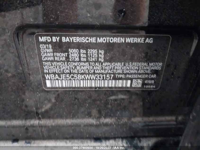 2019 BMW 5 SERIES 540I - WBAJE5C58KWW33157